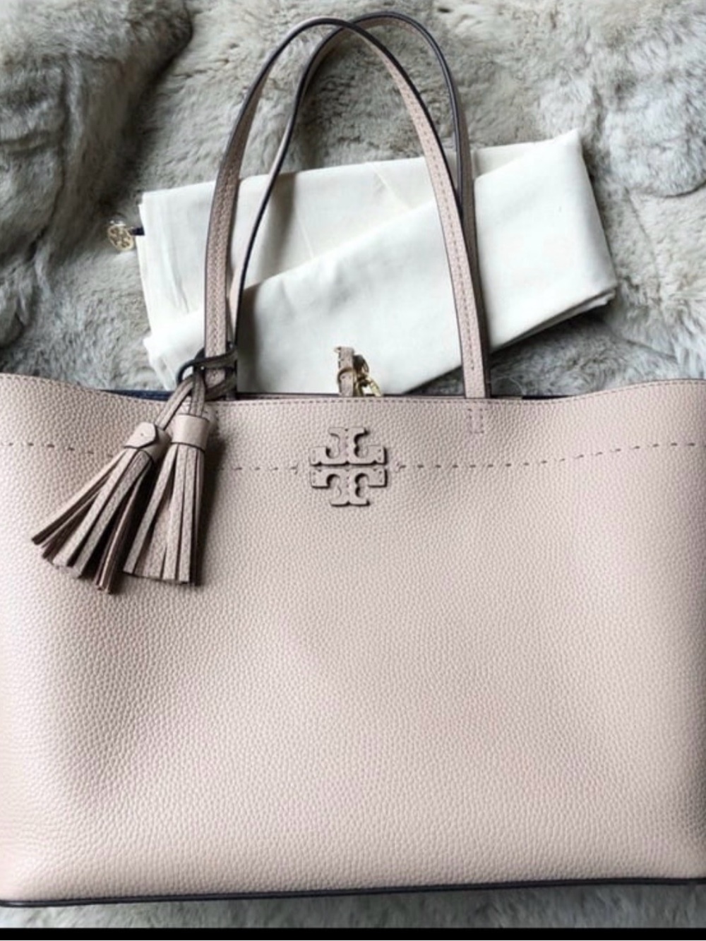 Tory Burch McGraw Blush Pebbled Leather Tassel Tote